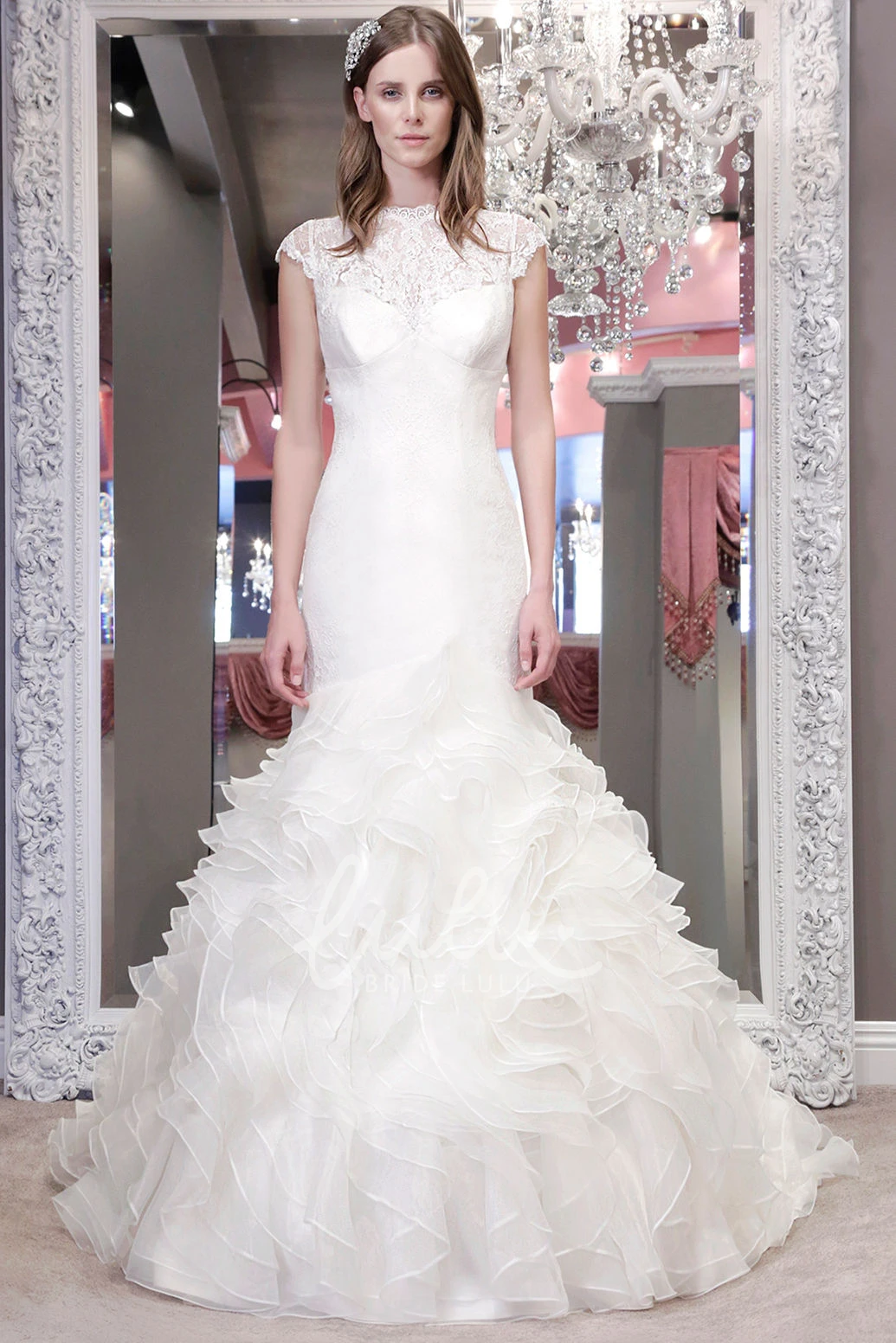 High Neck Cap-Sleeve Lace Wedding Dress with Ruffles and Appliques