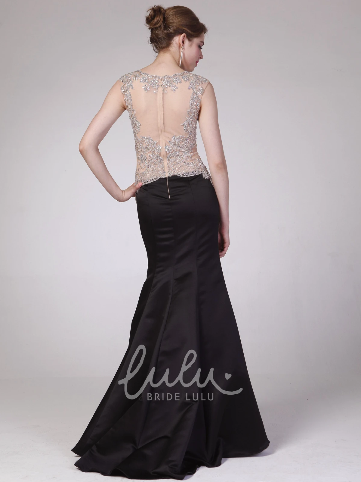 Trumpet Sleeveless Satin Illusion Dress with Jewel Neckline and Beading