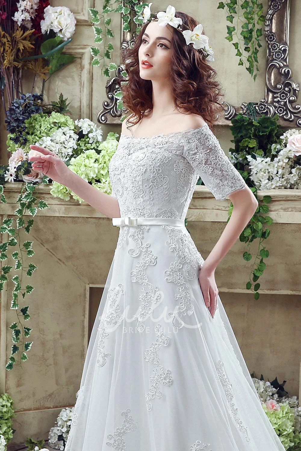 Off-Shoulder Lace Applique Warm Wedding Dress with Bowknot and Lace-Up