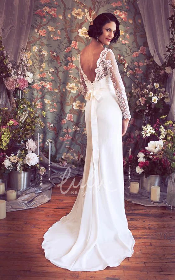 Satin Warm Wedding Dress with Sash and Flower V-Neck Low-V Back Sheath Modern