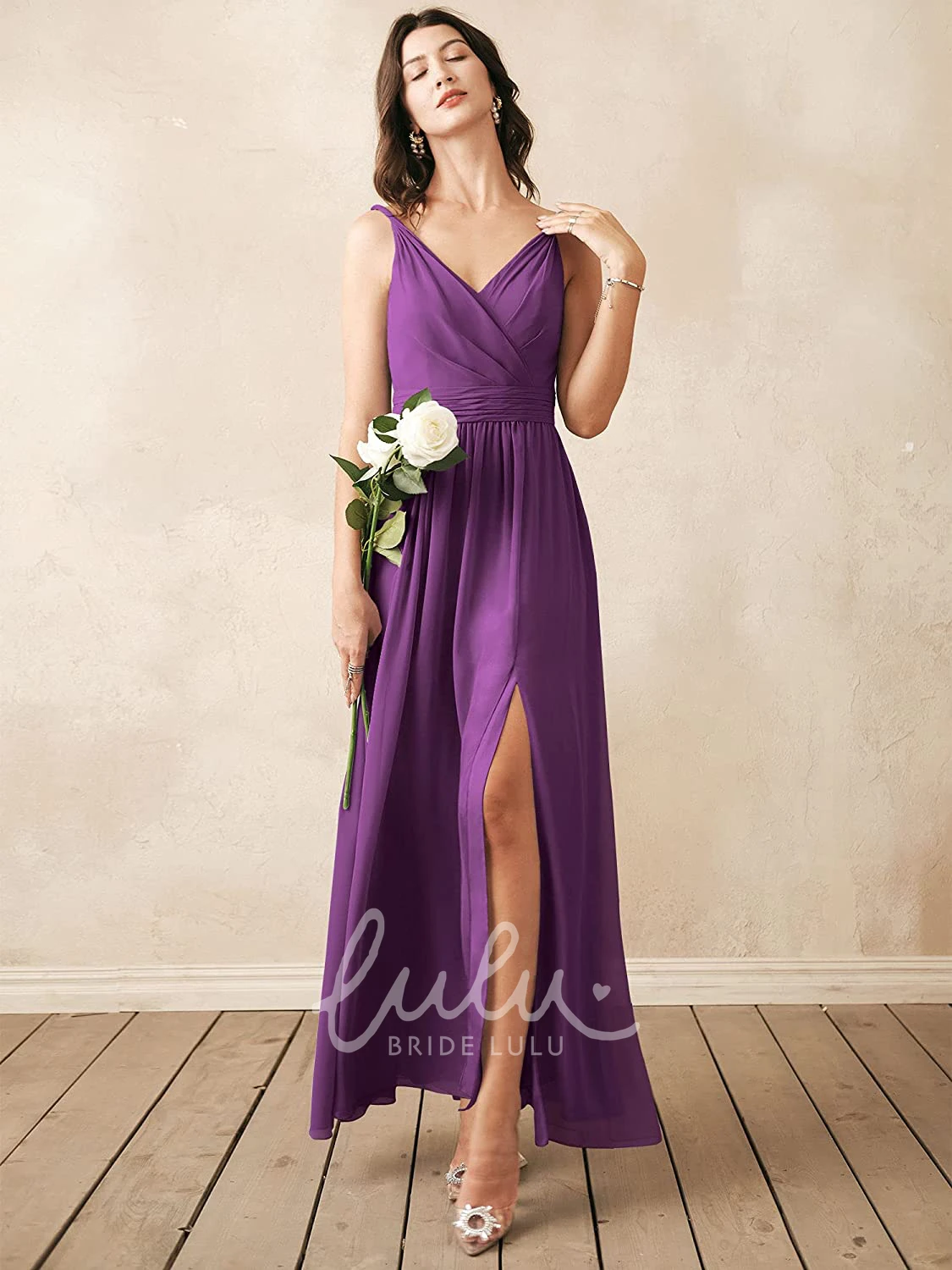 Sleeveless V-neck Chiffon A-line Bridesmaid Dress with Ruching Romantic