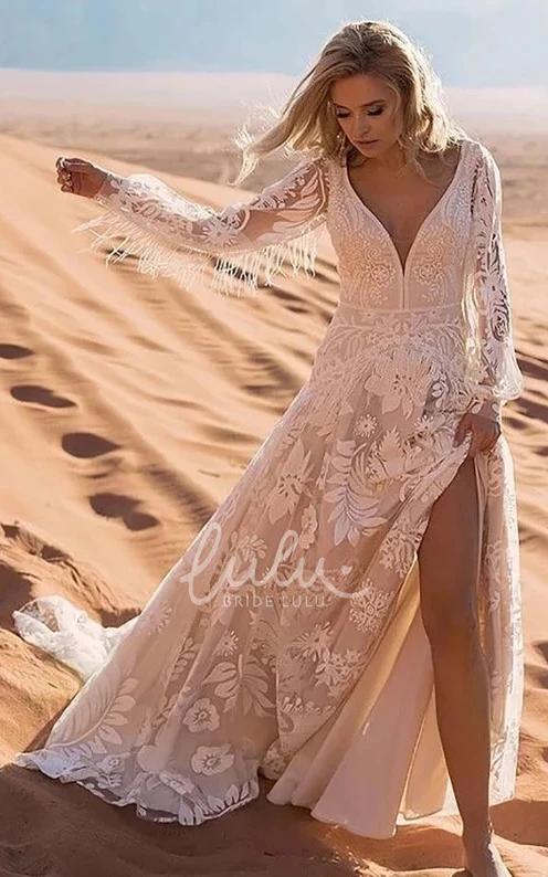 Elegant Floral Boho A-Line Lace Long Sleeve Winter Wedding Dress Country Unique Plunging Full Body Appliqued Bridal Gown with Fringe