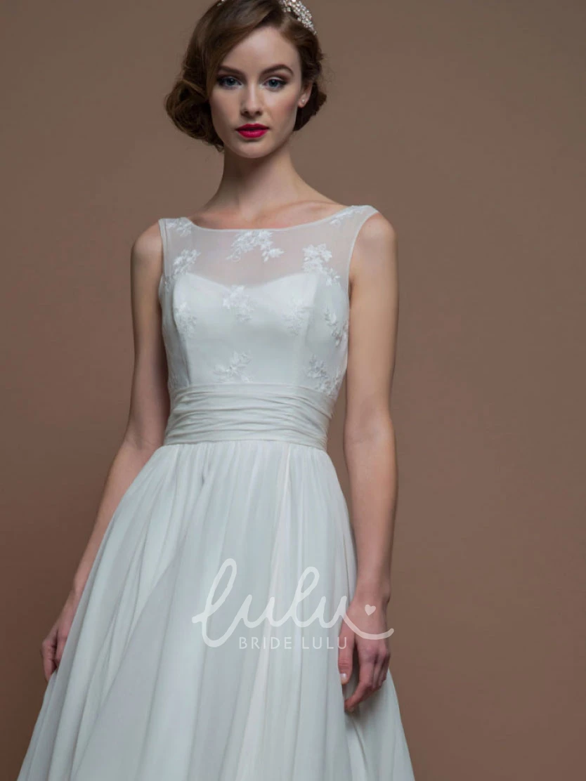 Sleeveless Maxi Appliqued Bateau Wedding Dress A-Line with Low V-Back