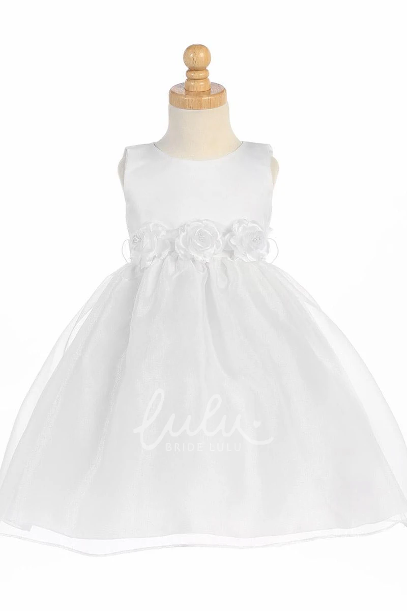 Sleeveless Organza Satin Flower Girl Dress in Tea-Length with Tiered Skirt