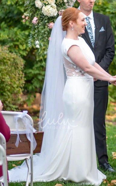 Solid Satin Mermaid Jewel Neckline Sweep Train Short Cap Sleeve Garden Wedding Dress