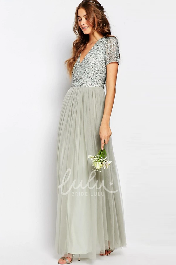 Chiffon A-Line V-Neck Floor-Length Beaded Short-Sleeve Pleated Bridesmaid Dress