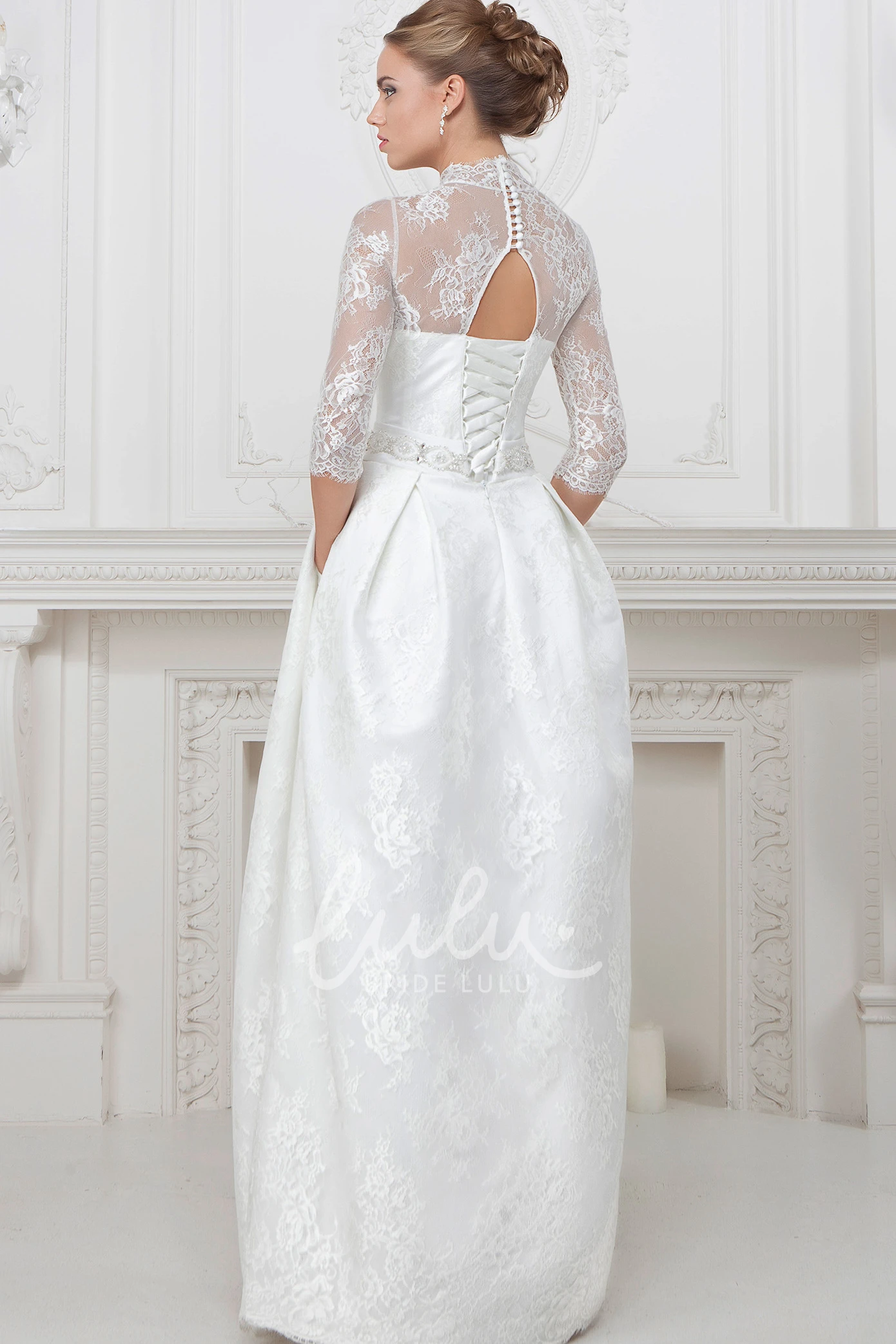 Long Sleeve Lace Wedding Dress with High Neckline and Corset Back Elegant Wedding Dress