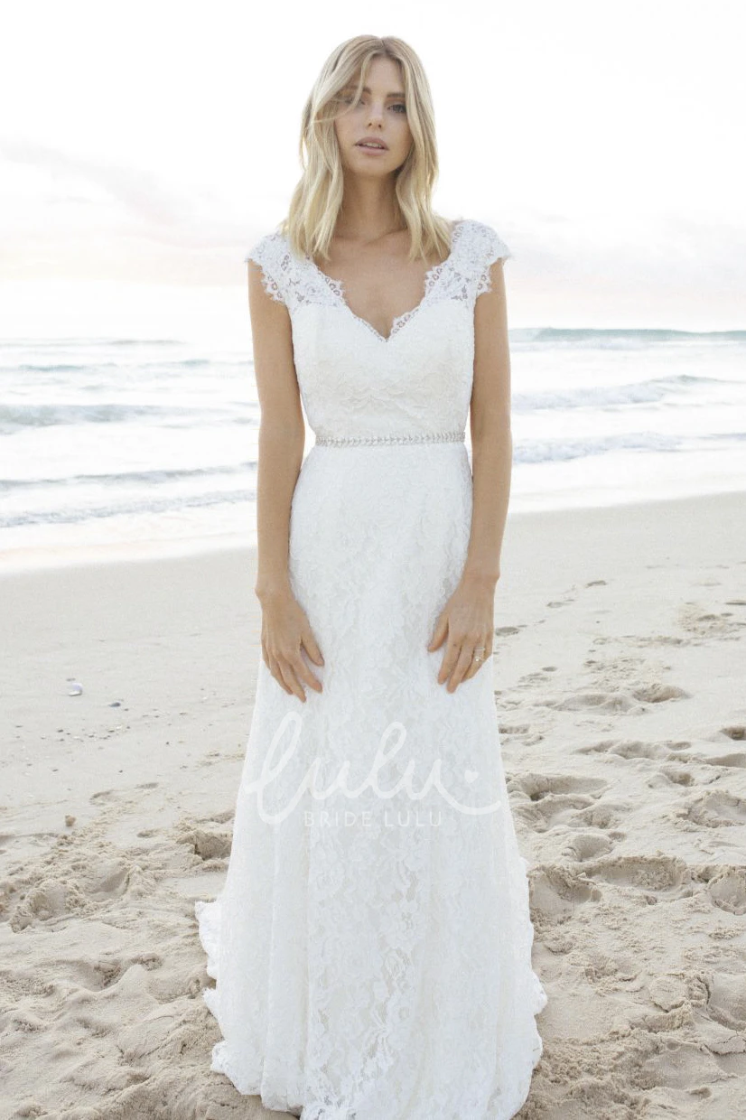 Elegant Lace Cap Sleeve Bridal Gown with V-neck and Keyhole Boho Wedding Dress