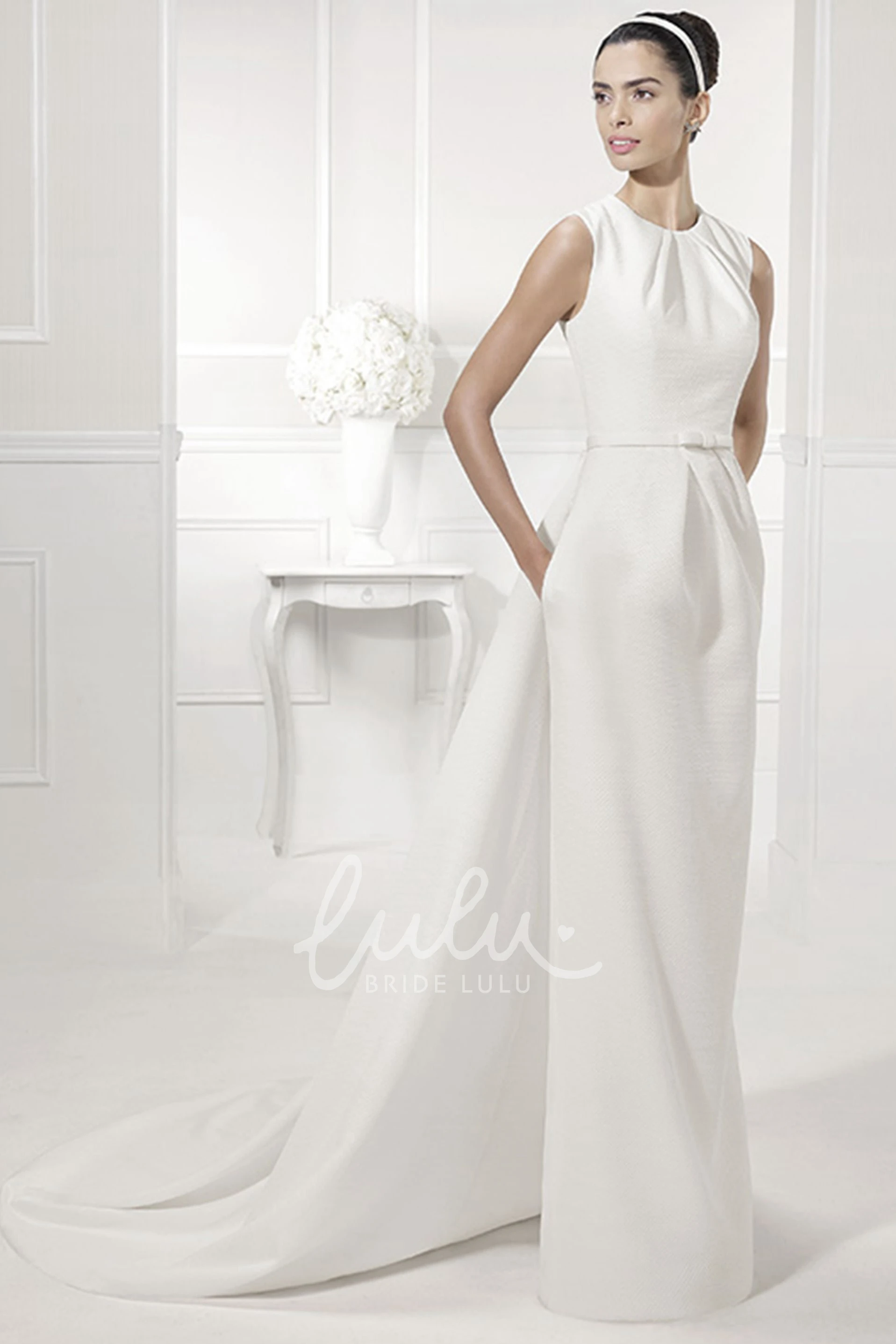 High Neck Sleeveless Sheath Bridal Gown with Belt Simple Elegant Wedding Dress