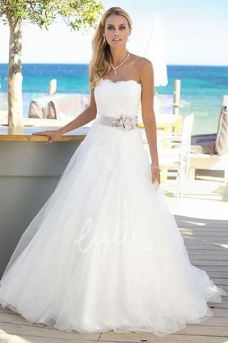 Strapless A-Line Tulle Wedding Dress with Appliques and Sweep Train