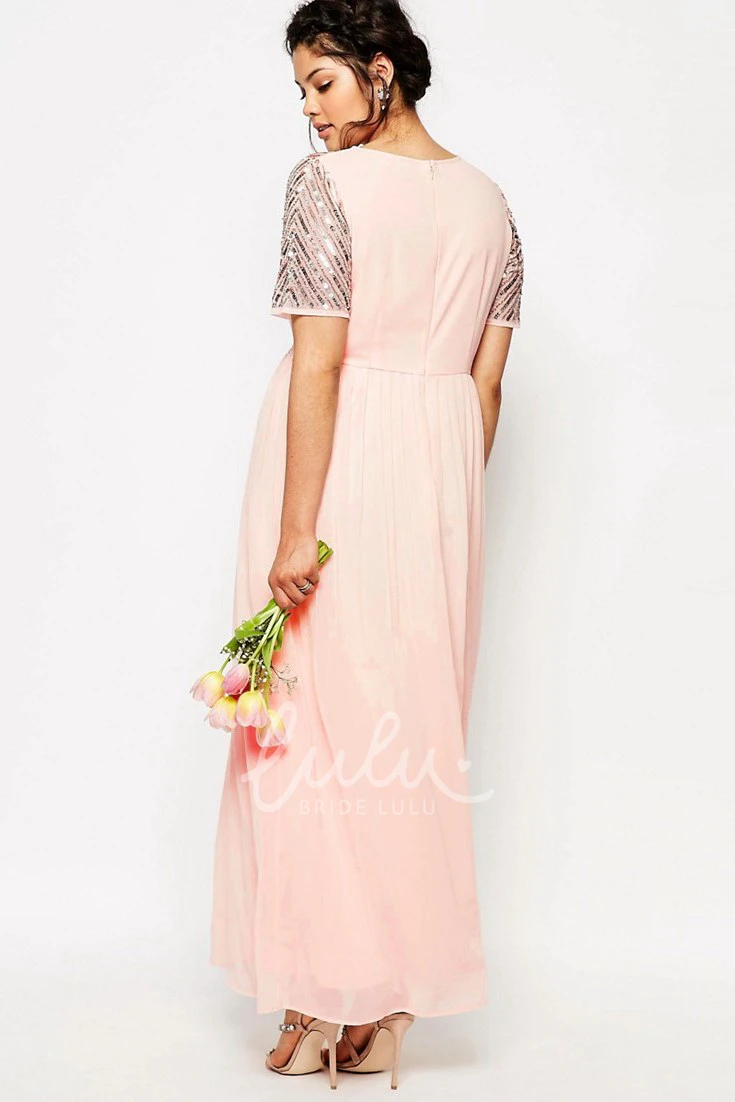 Sheath Ankle-Length Chiffon Bridesmaid Dress with Short Sleeves and Pleats