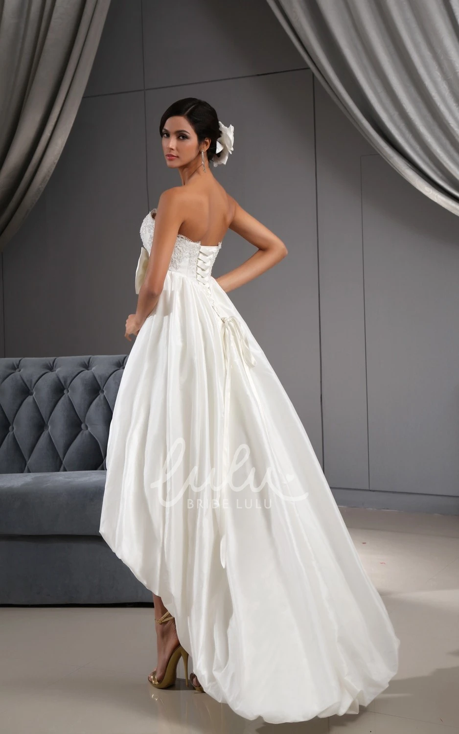 High-Low Lace Wedding Dress with Sweetheart Bodice and 3D Flower