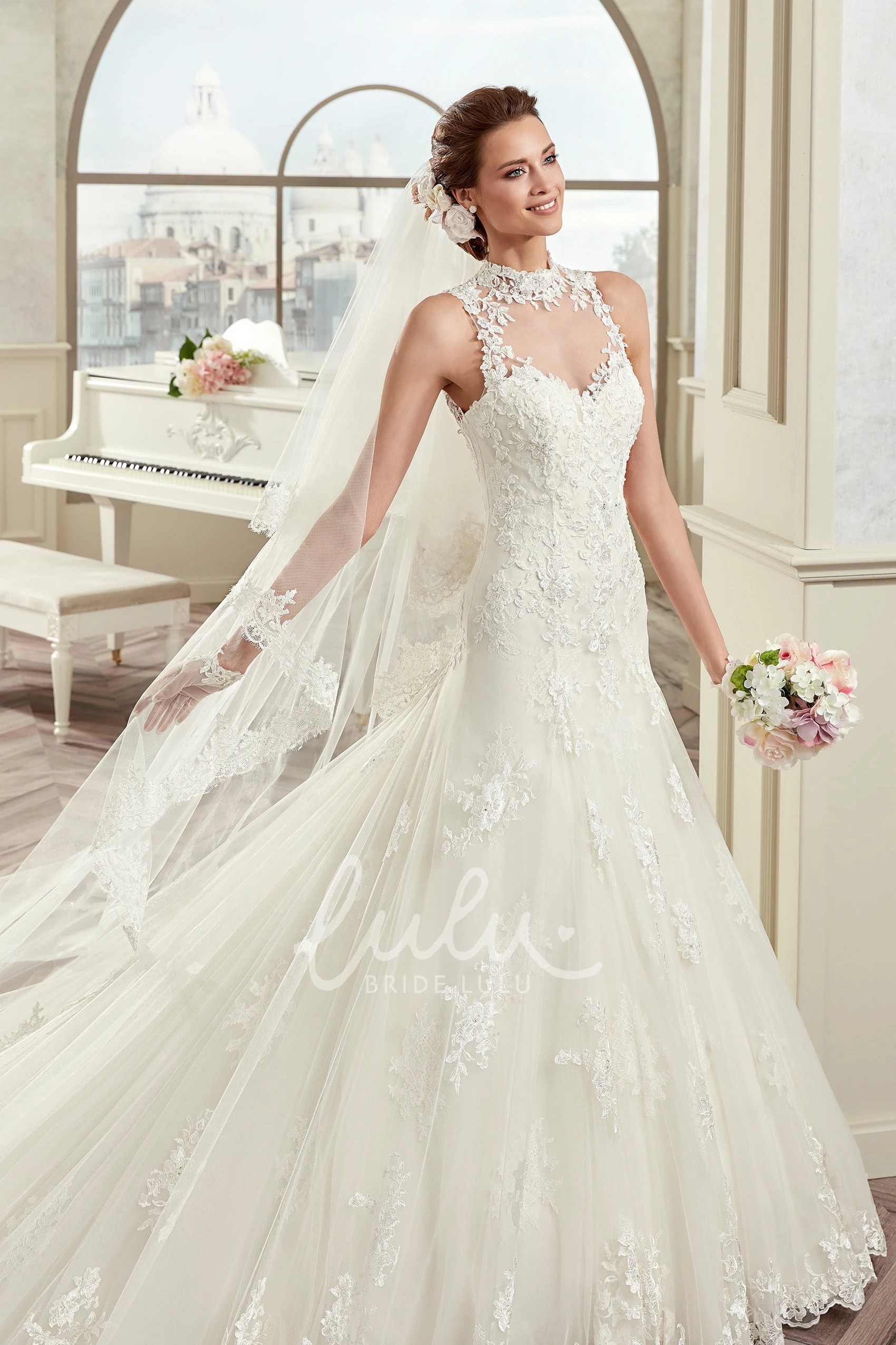 Illusion High-Neck Lace Sheath Wedding Dress with Open Back