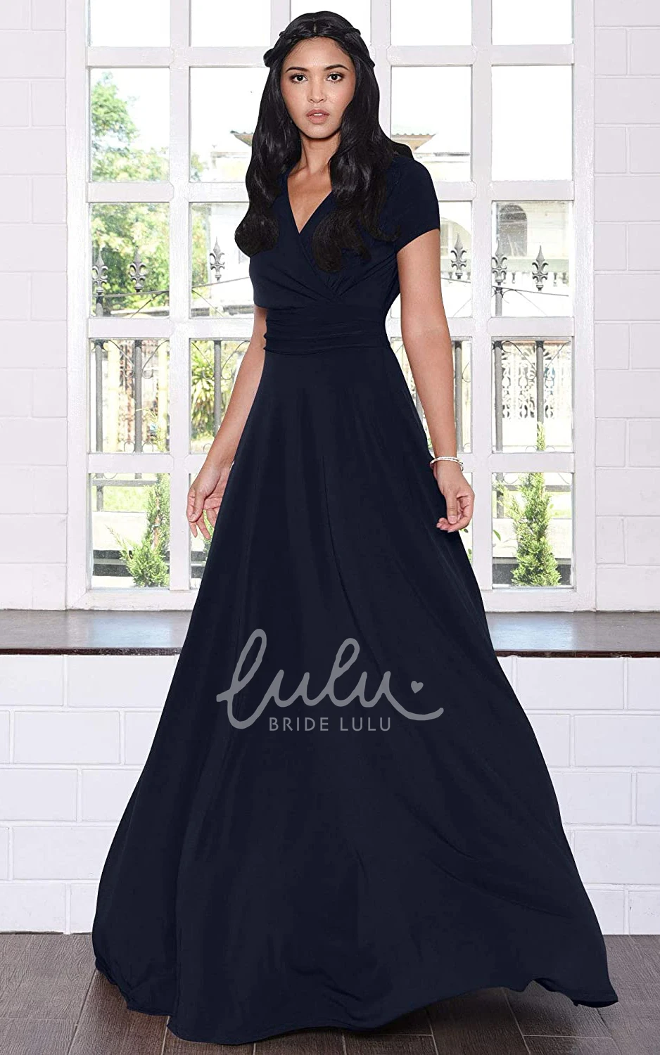 Simple Jersey V-neck A-line Evening Dress with Criss Cross and Pleats Prom Dress