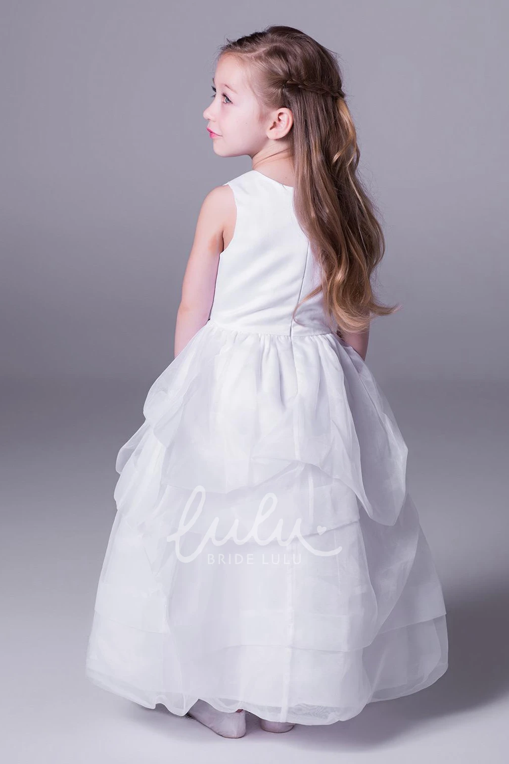 Pick-Up Satin A-Line Flower Girl Dress Scoop-Neck Sleeveless Floor-Length
