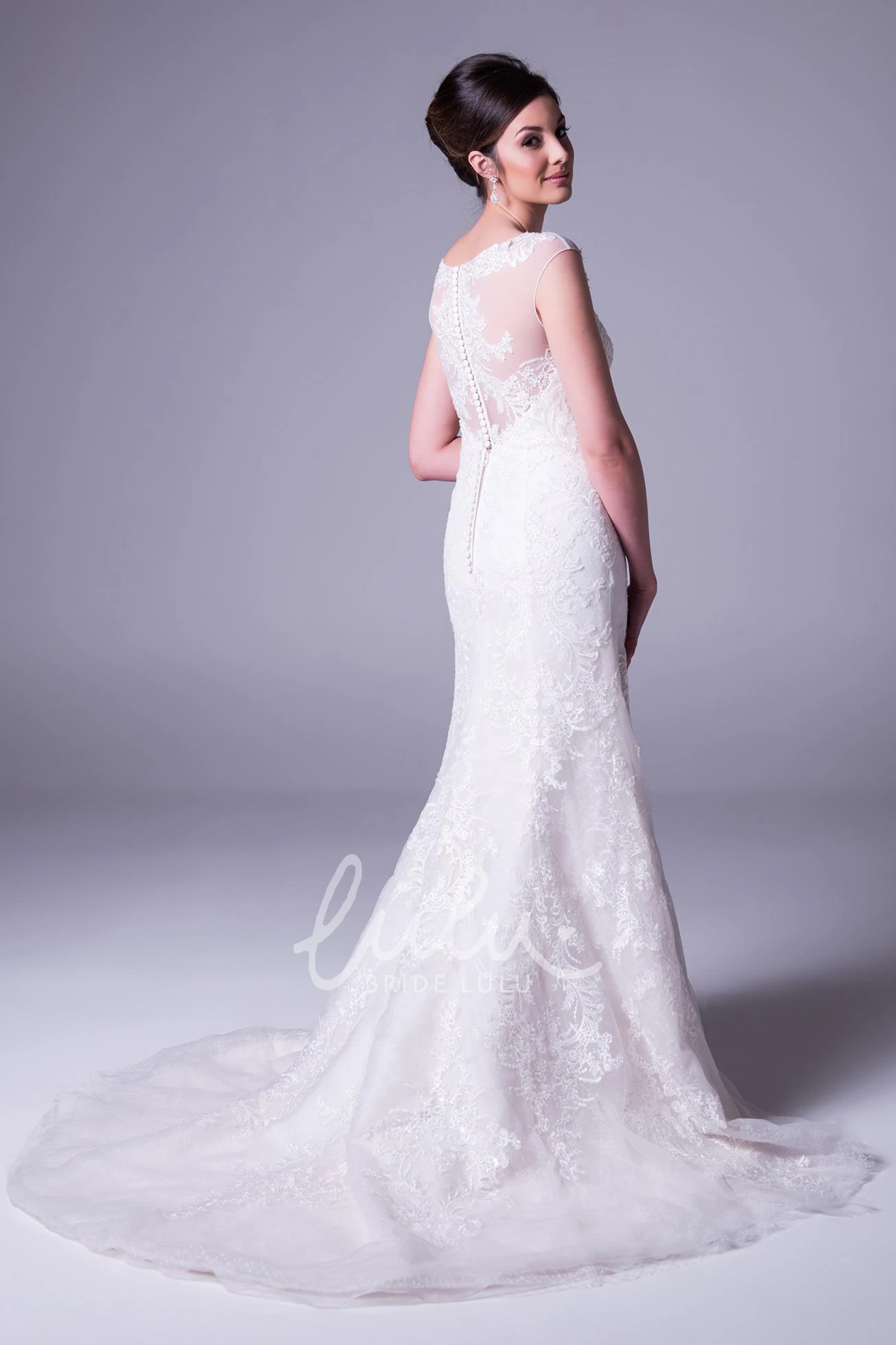 Long Cap-Sleeve Lace A-Line Wedding Dress