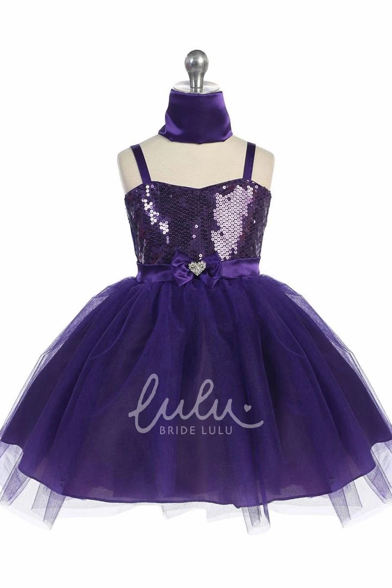 Tiered Tulle Flower Girl Dress with Beaded Cape and Ribbon Midi