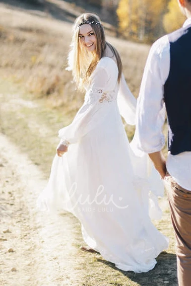 Bohemian Plunging Chiffon Wedding Dress with Lace Details Long Sleeve Bridal Gown