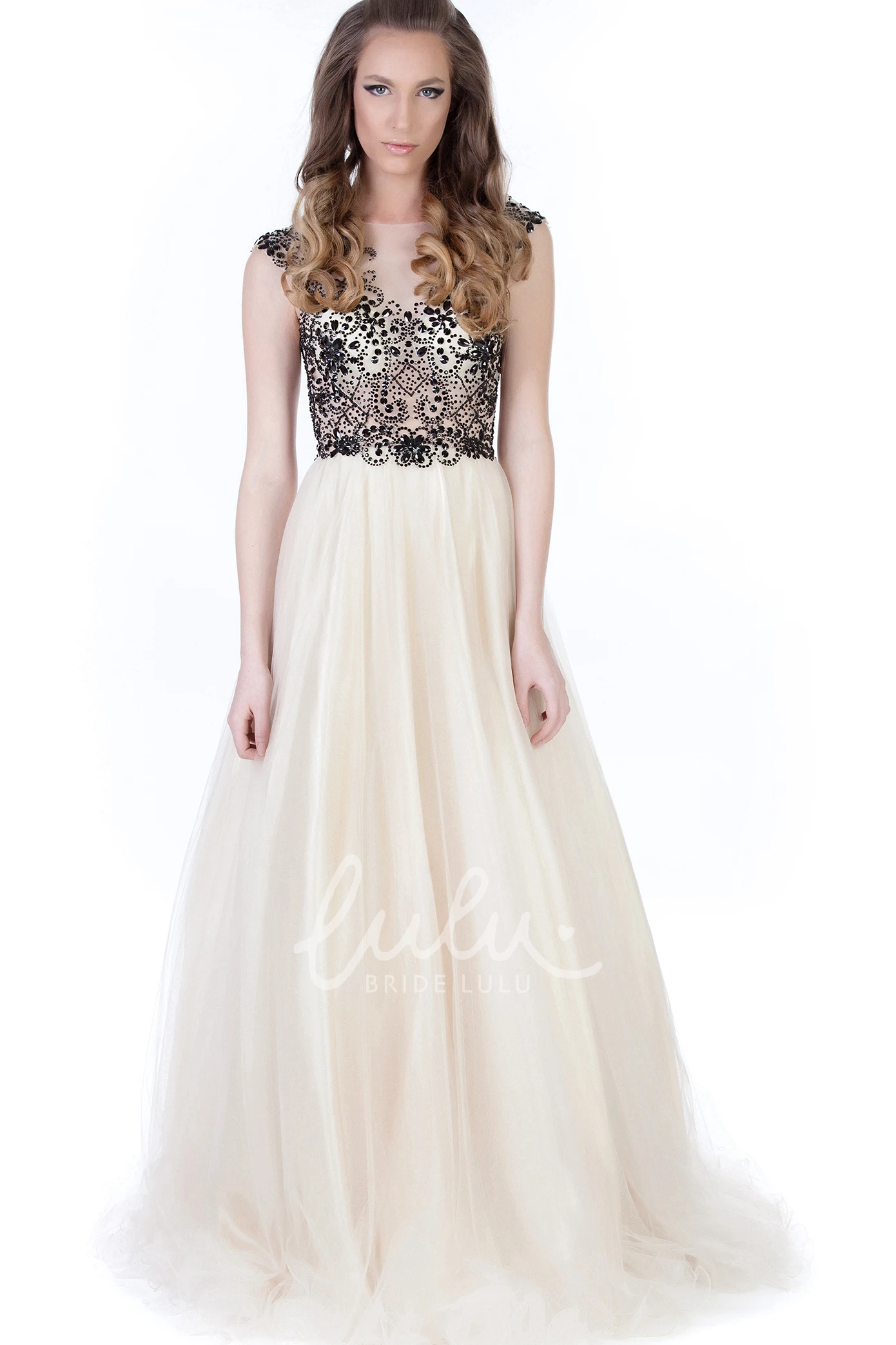 A-Line Maxi Beaded Cap-Sleeve Tulle Prom Dress With Pleats Beaded Maxi Tulle Prom Dress