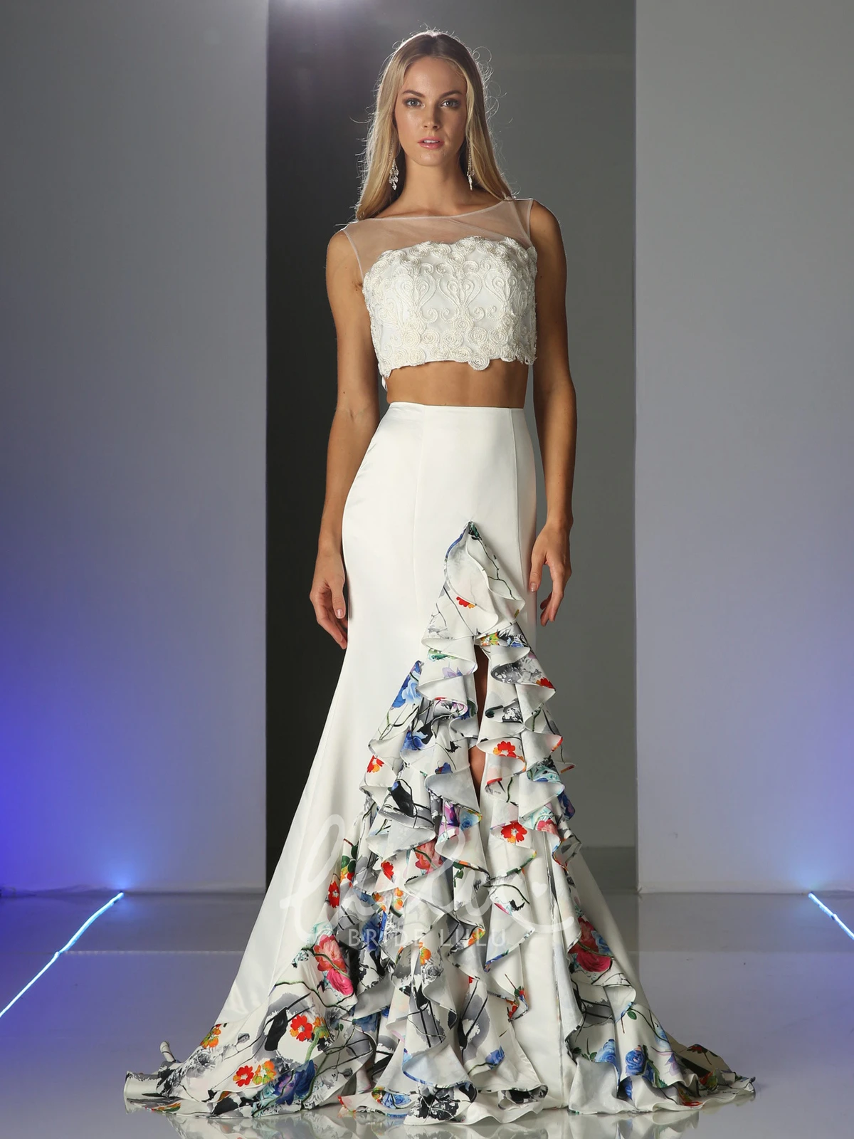 Sleeveless Satin Two-Piece Trumpet Illusion Formal Dress with Appliques and Ruffles