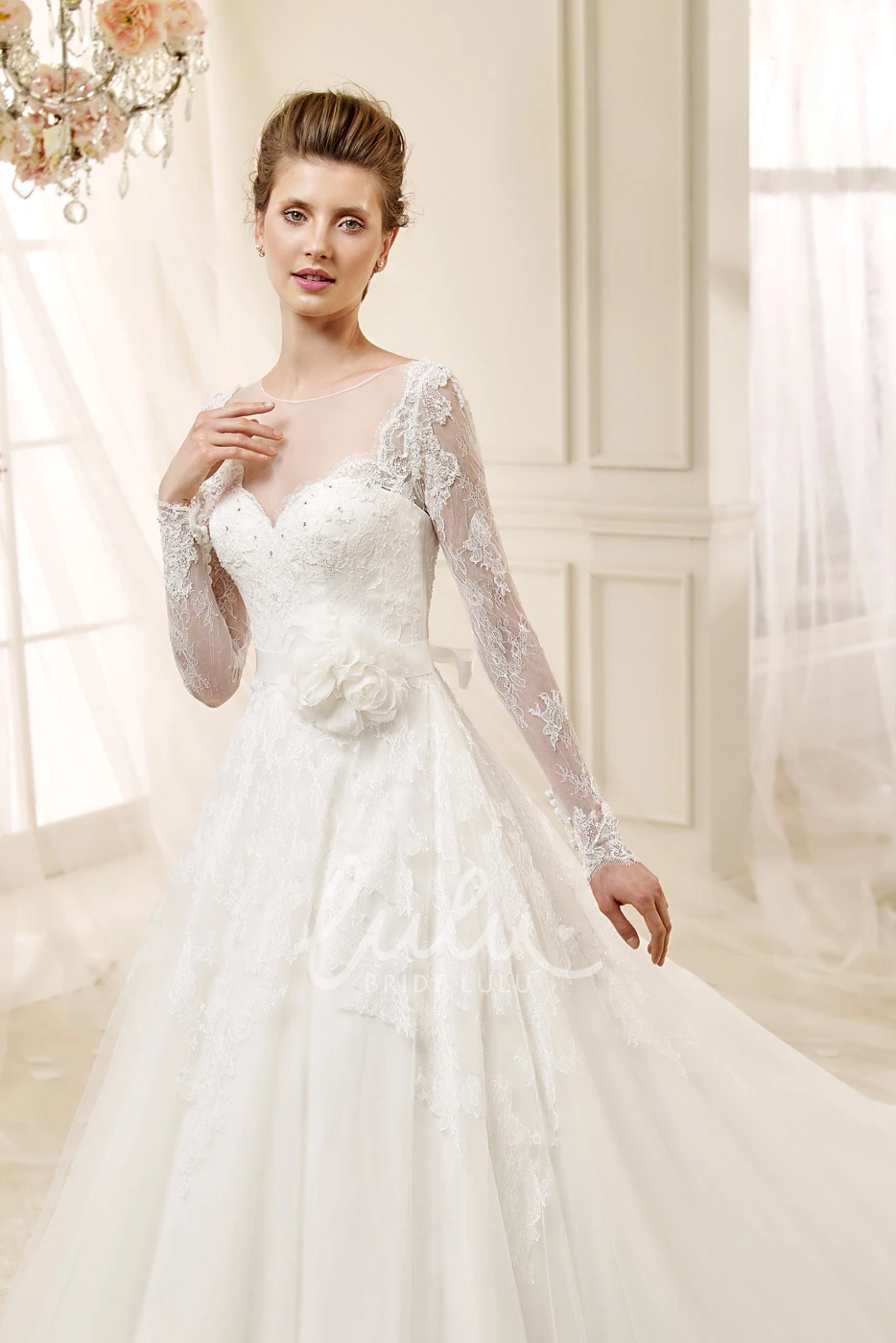 Long-sleeve A-line Wedding Dress with Flower and Illusive Design Modern & Unique Wedding Dress