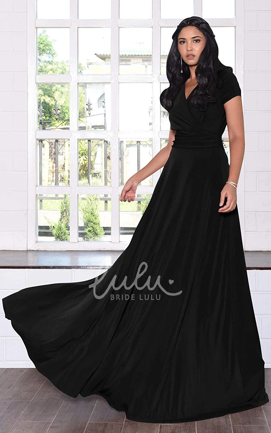 Simple Jersey V-neck A-line Evening Dress with Criss Cross and Pleats Prom Dress