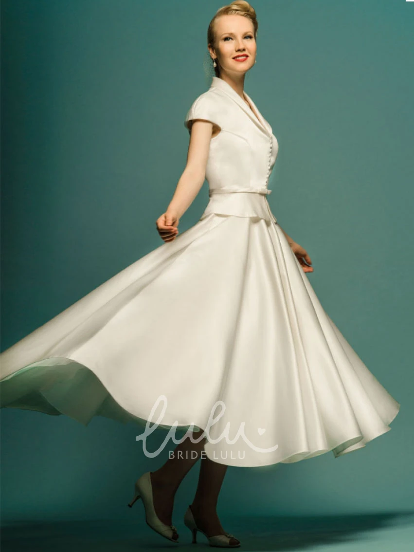 Satin A-Line Wedding Dress Tea-Length Cap Sleeve Scoop Neck