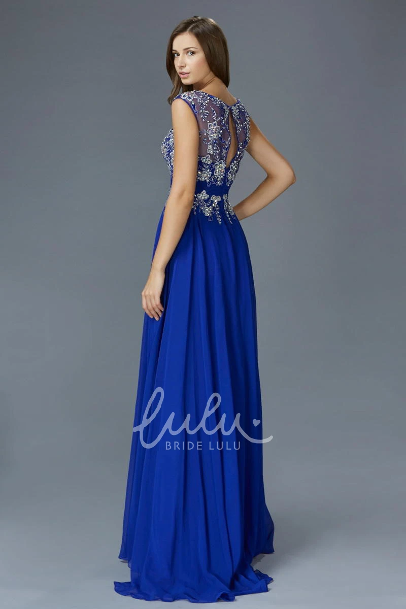 Pleated Cap-Sleeve Bateau A-Line Formal Dress with Chiffon