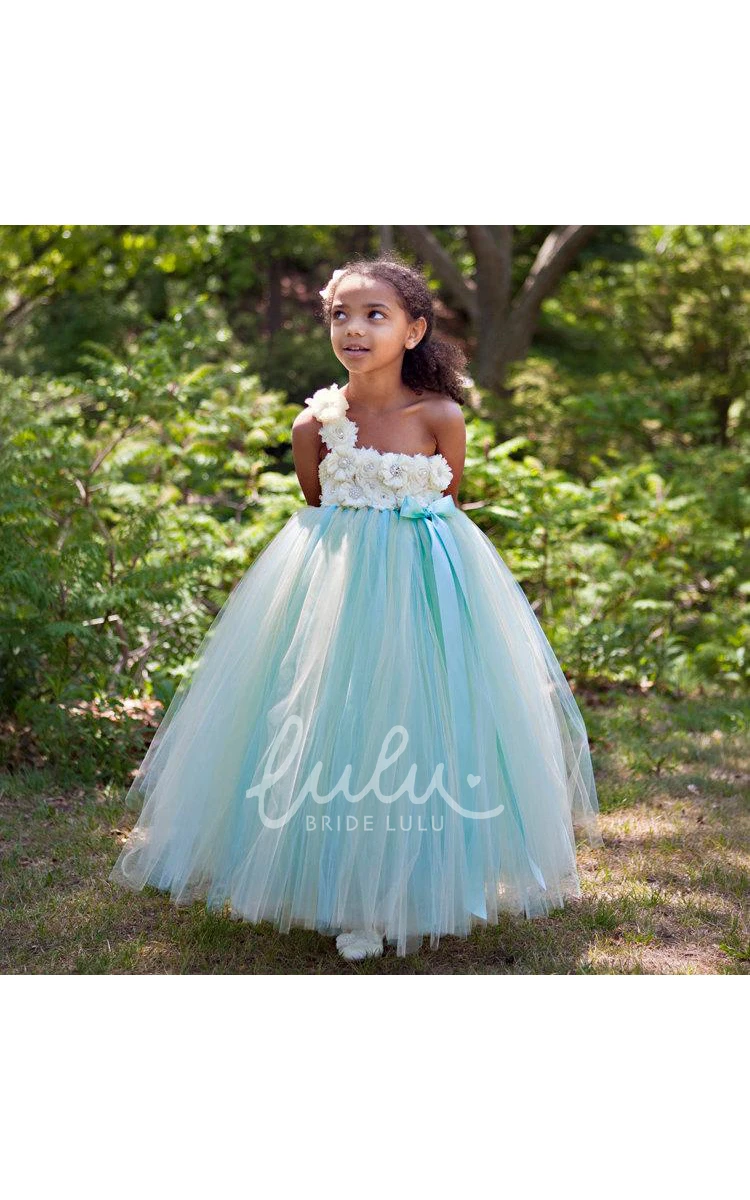 Cute Boho A-Line One Shoulder Lace Tulle 3D Floral Flower Girl Dress