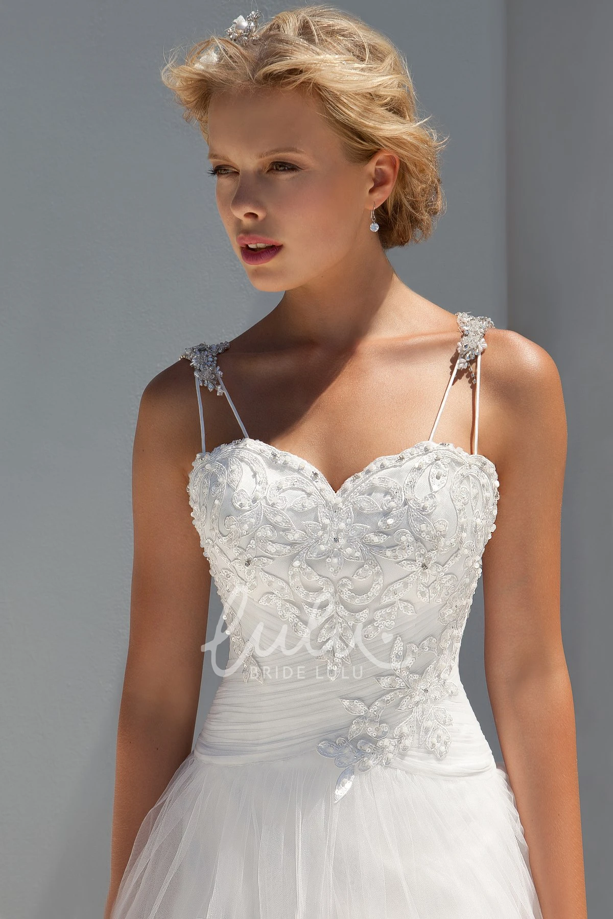 Tulle A-Line Wedding Dress with Sequins and Ruching Floor-Length Bridal Gown