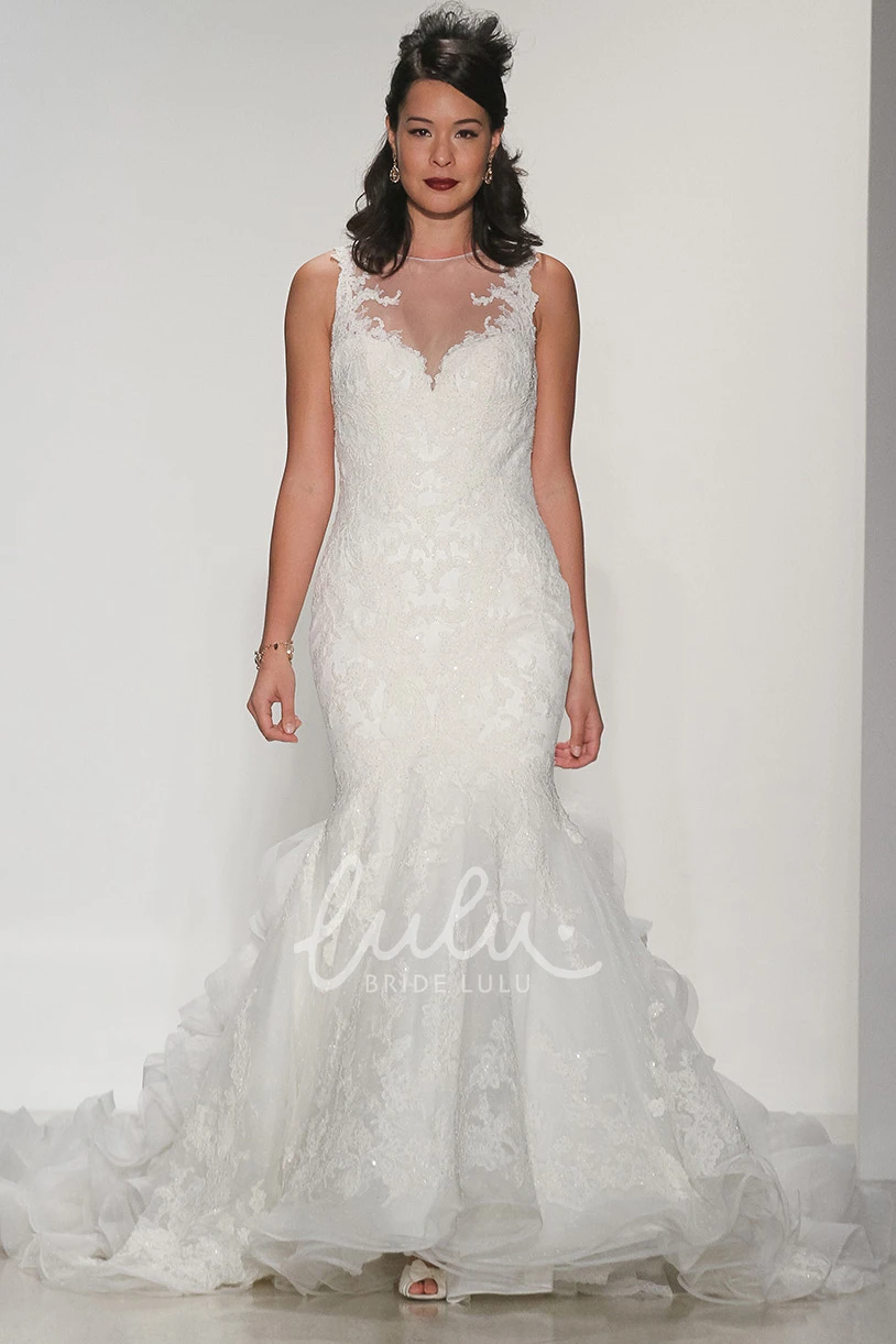 Sleeveless Jewel Lace Mermaid Wedding Dress with Illusion Back Floor-Length Appliqued Dress