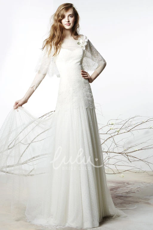 Sheath Floral Tulle Wedding Dress with Illusion Back and Lace Floor-Length