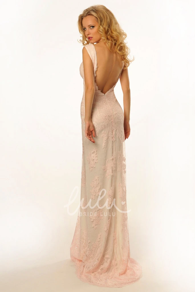Backless Lace Prom Dress with Applique and Brush Train