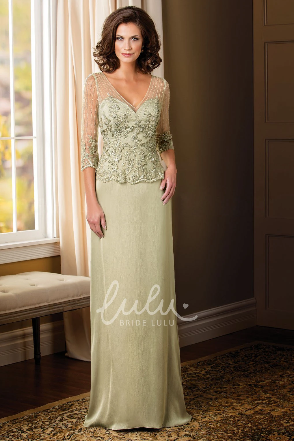 Appliqued V-Back Mother of the Bride Dress with 3/4 Sleeves