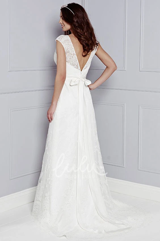 Lace Cap-Sleeve Floor-Length Wedding Dress with Bow and Scoop-Neck