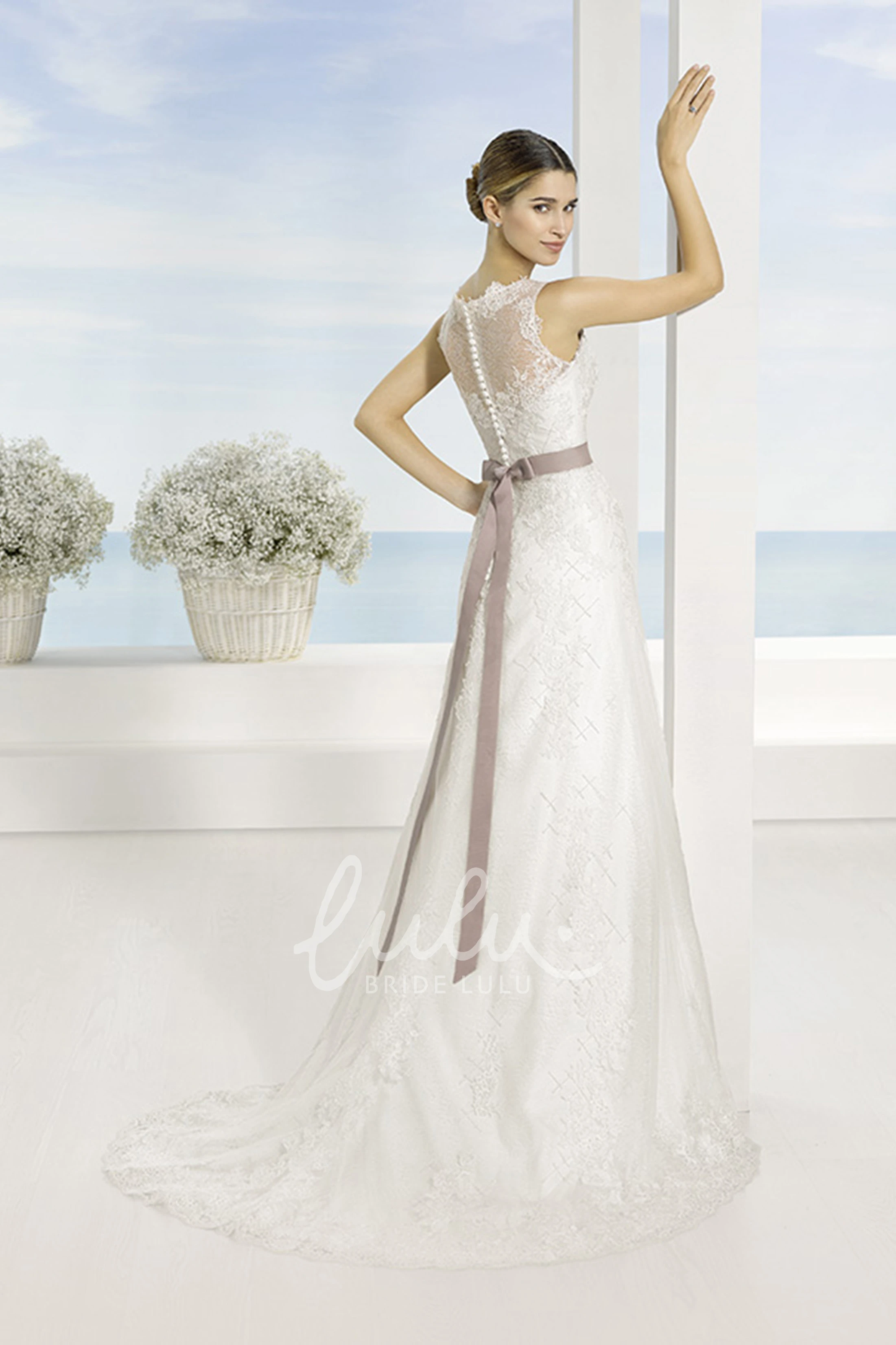 A-Line Lace Sleeveless Wedding Dress with Appliques and Illusion Back