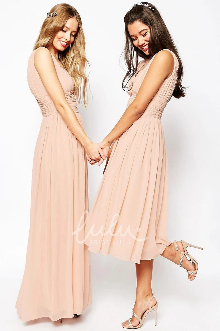 Criss-Cross One-Shoulder Chiffon Bridesmaid Dress in Tea-Length