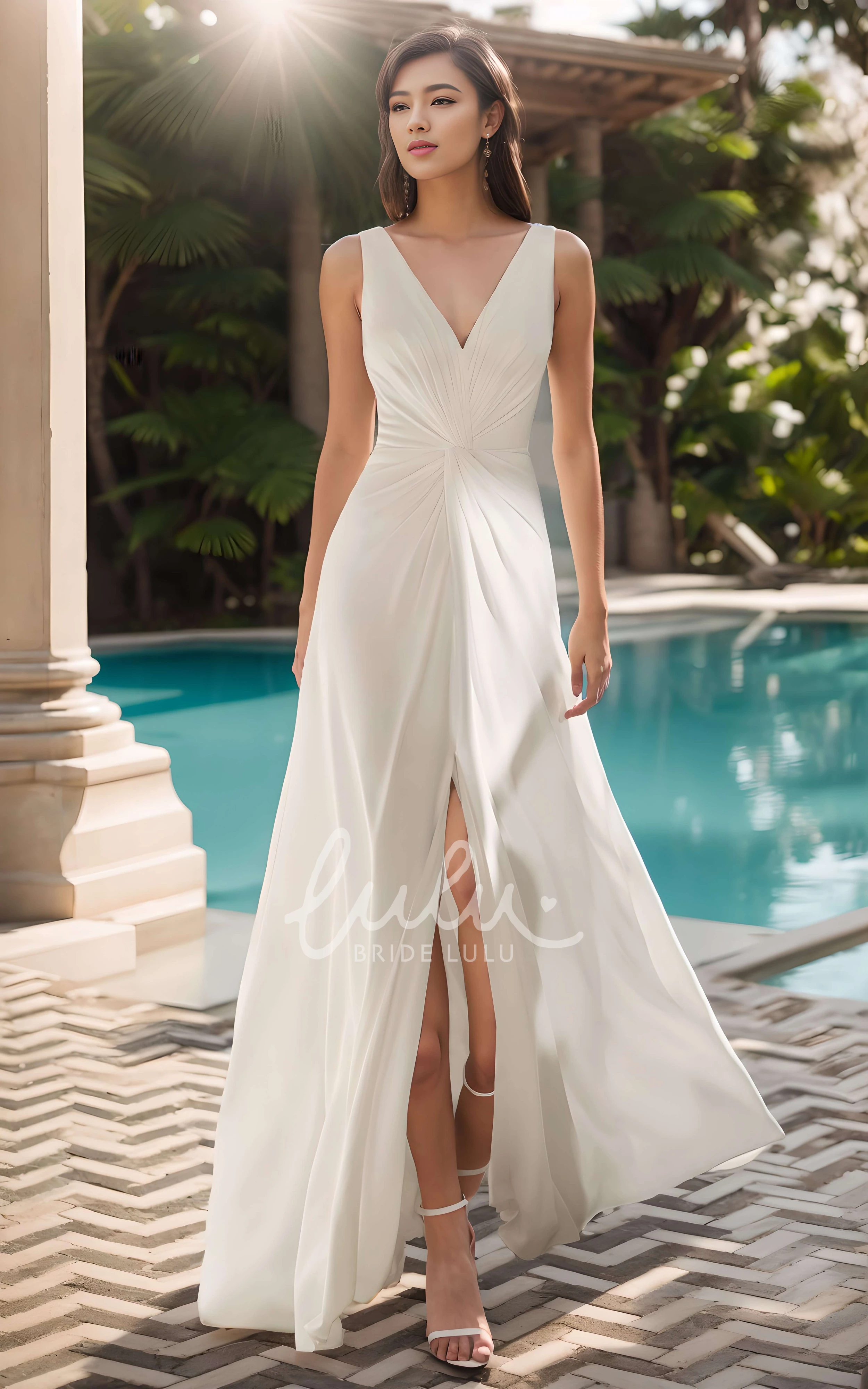Elegant Solid Sheath V-neck Sleeveless Ruching Chiffon Wedding Dress Vintage Simple Casual Floor-length Split Front Bridal Gown with Button Zipper Deep-V Back