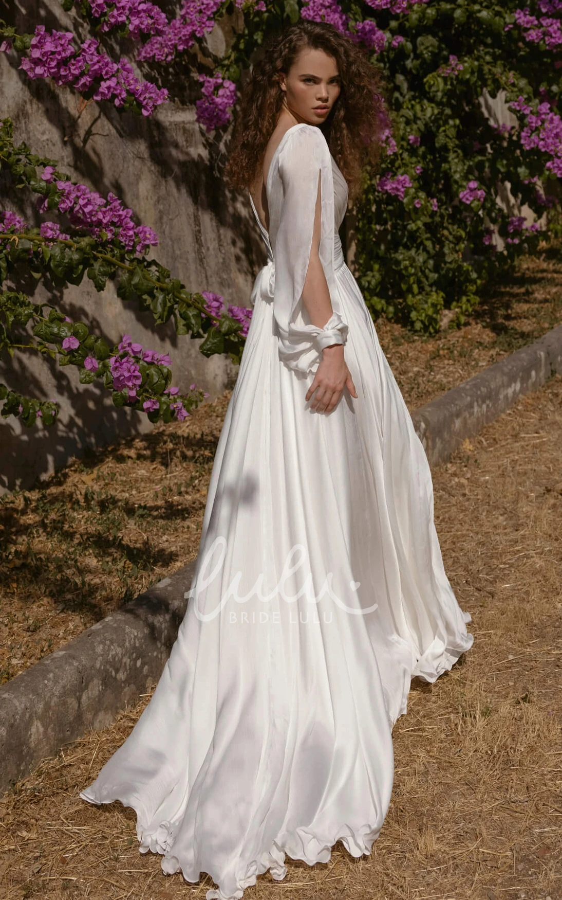 Modest Satin Deep V-Neck Backless Wedding Dress with Long Sleeve Train