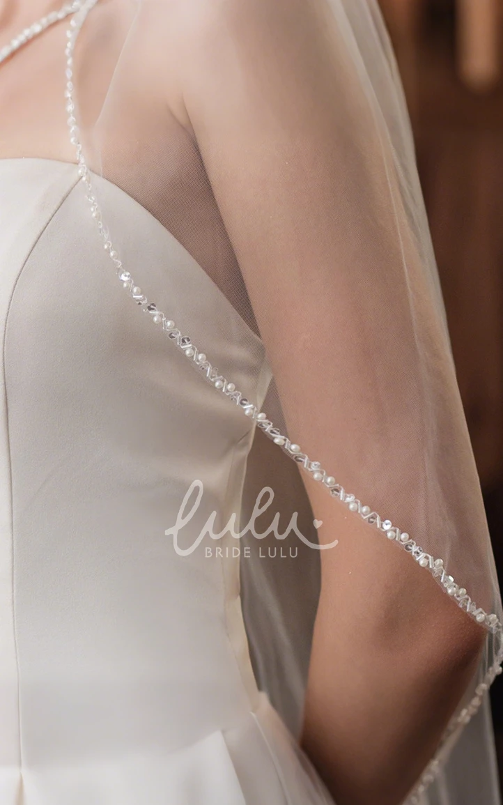 Modern Sparkly One-Tier Waterfall Sequin Pearl Tulle Elbow Length Short Wedding Veil