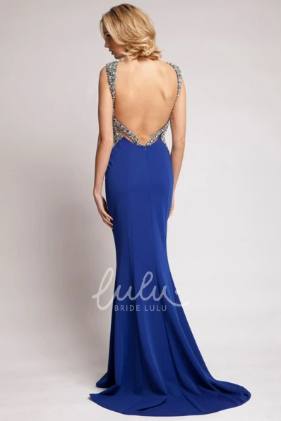 Sleeveless Beaded V-Neck Jersey Prom Dress Backless and Glamorous
