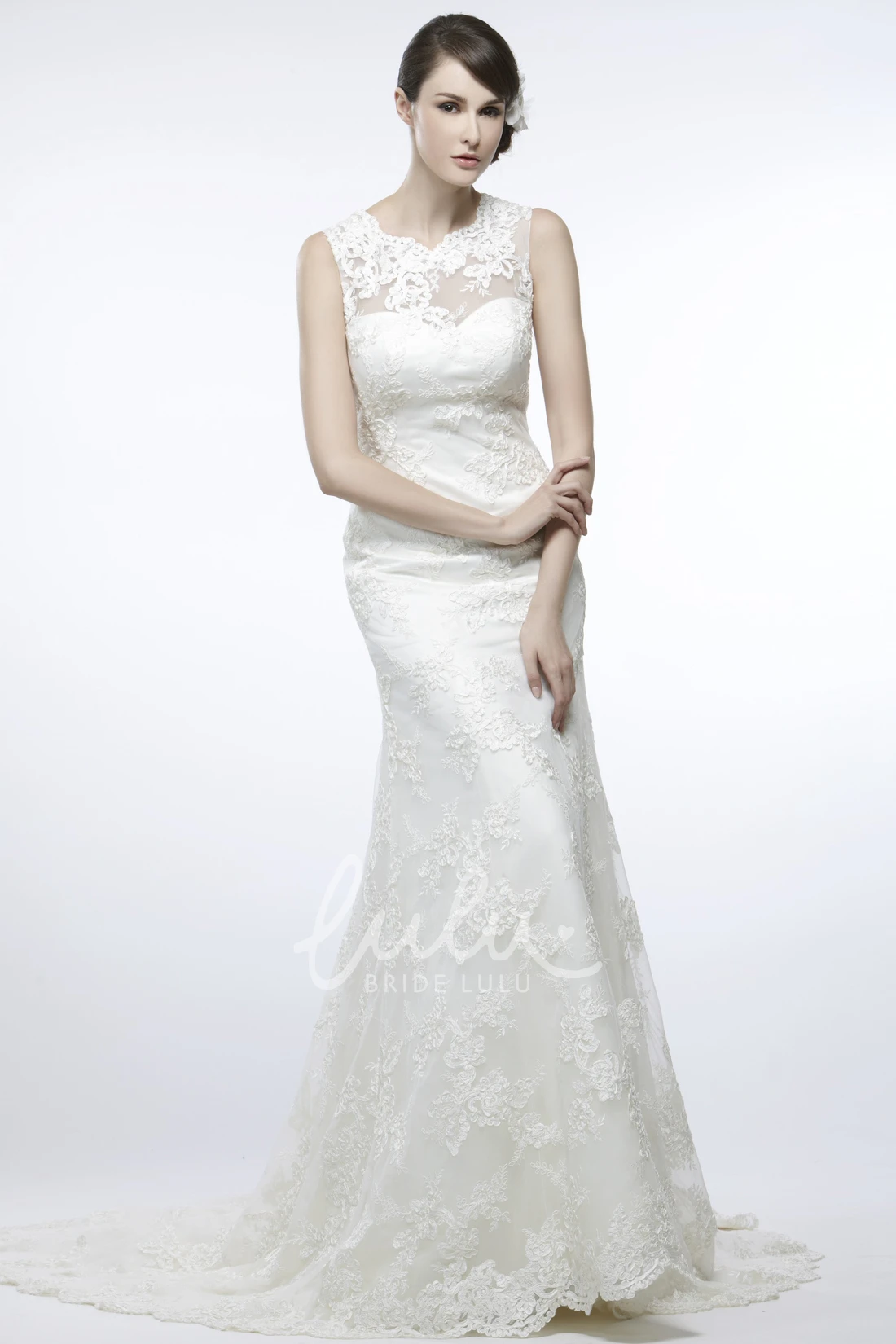 Lace Illusion Back Sheath Wedding Dress with Appliques and Court Train