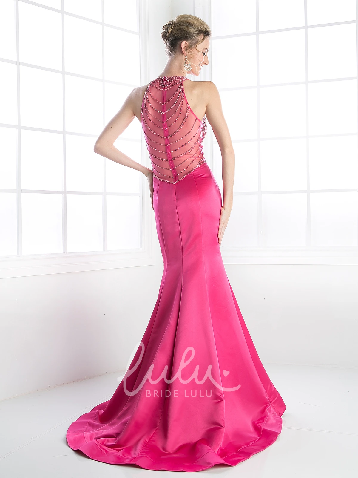 High Neck Sleeveless Mermaid Satin Bridesmaid Dress with Illusion and Beading