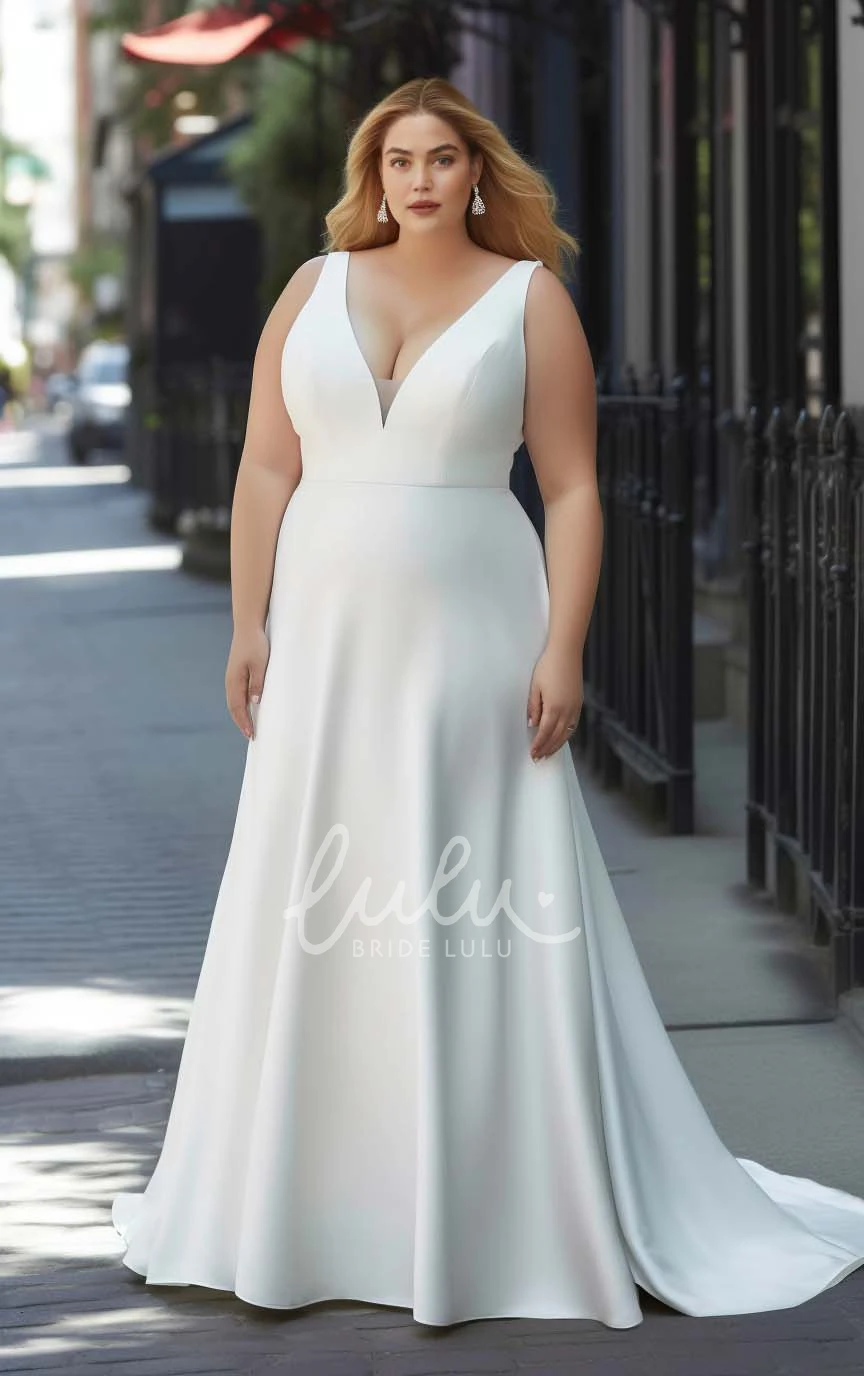 2025 Plus Size A-Line Satin Wedding Dress V-neck Simple Ethereal Sweep Train