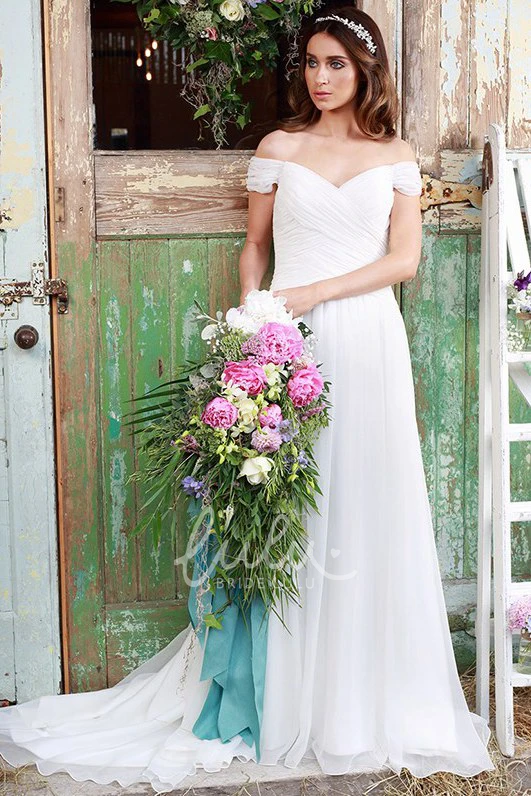 Off-The-Shoulder Ruched Tulle Wedding Dress Romantic Bridal Gown