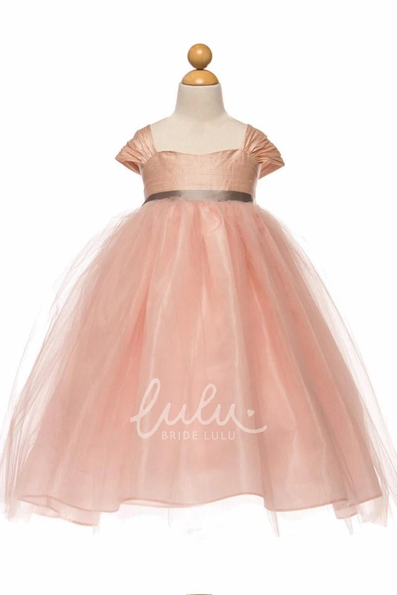 Cap-Sleeved Tulle & Satin Empire Tea-Length Flower Girl Dress with Ruching
