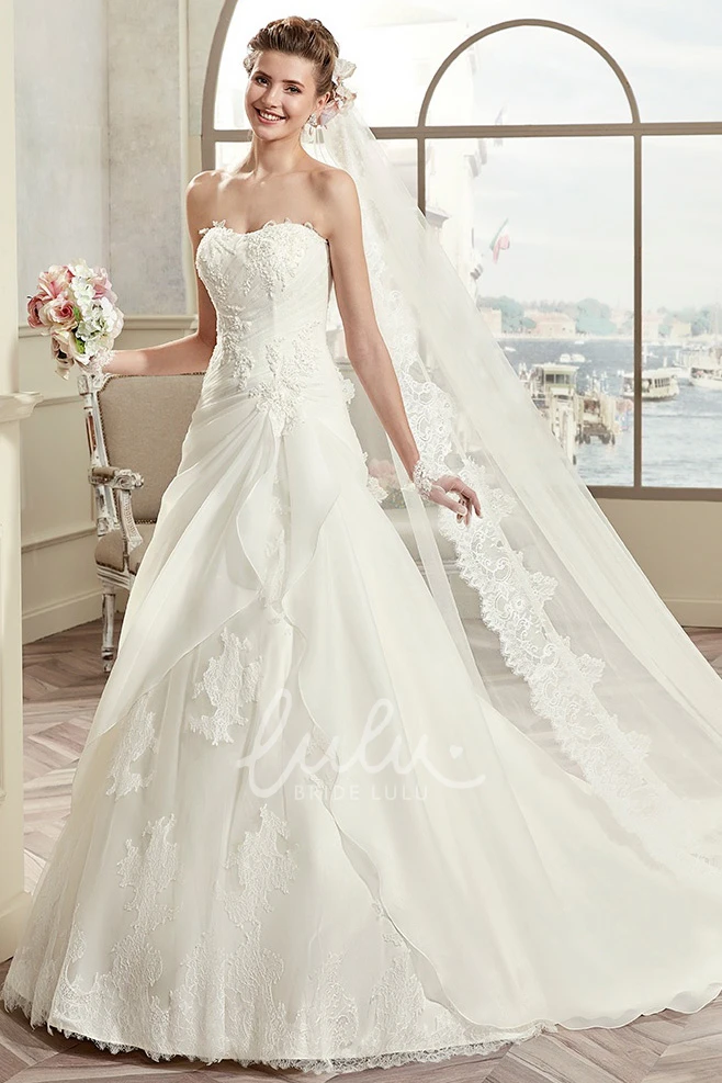 Lace Long Wedding Dress with Asymmetrical Ruffles Strapless Boho Beach