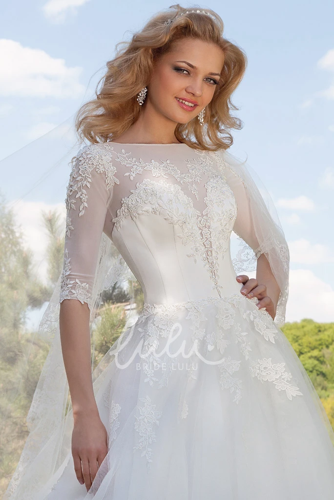 Appliqued Tulle Ball Gown Wedding Dress With Illusion Neckline and Sleeves