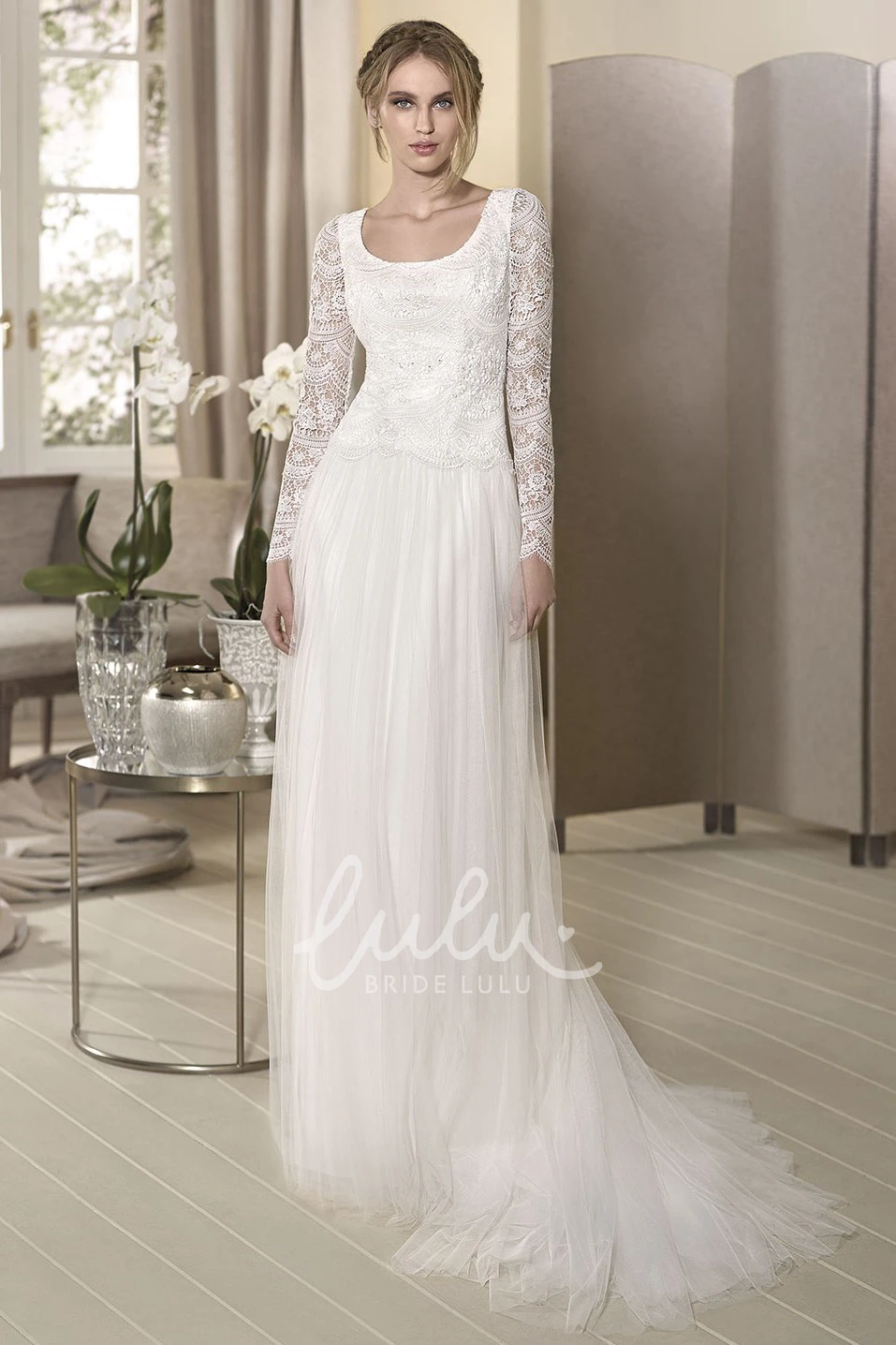 Lace Keyhole Sheath Tulle Wedding Dress with Square Neck and Long Sleeves