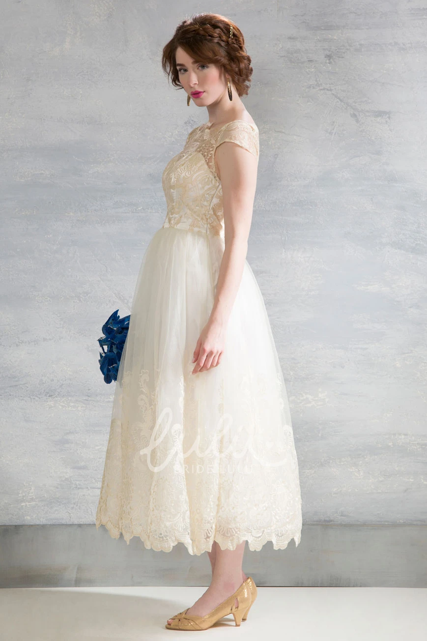 Appliqued Tulle Winter Wedding Dress Tea-Length Bateau Neck Sleeveless